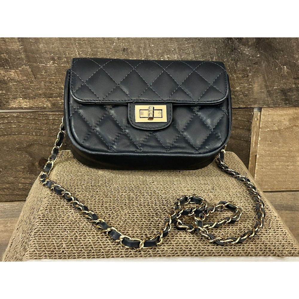 Borse In Pelle Womens Navy Blue Leather Quilted Chain Strap Flap Crossbody Purse